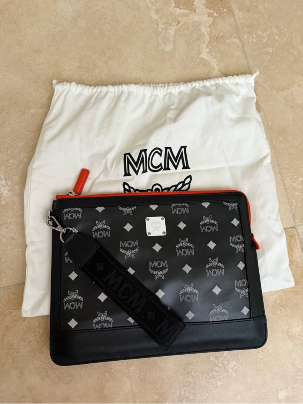 MCM Visetos Reflective Logo Zip Pouch with Orange Trim Black